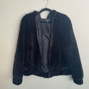 Fluffy black faux fur hooded jacket